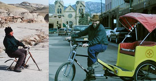 person on abandoned bike frame and pedicab